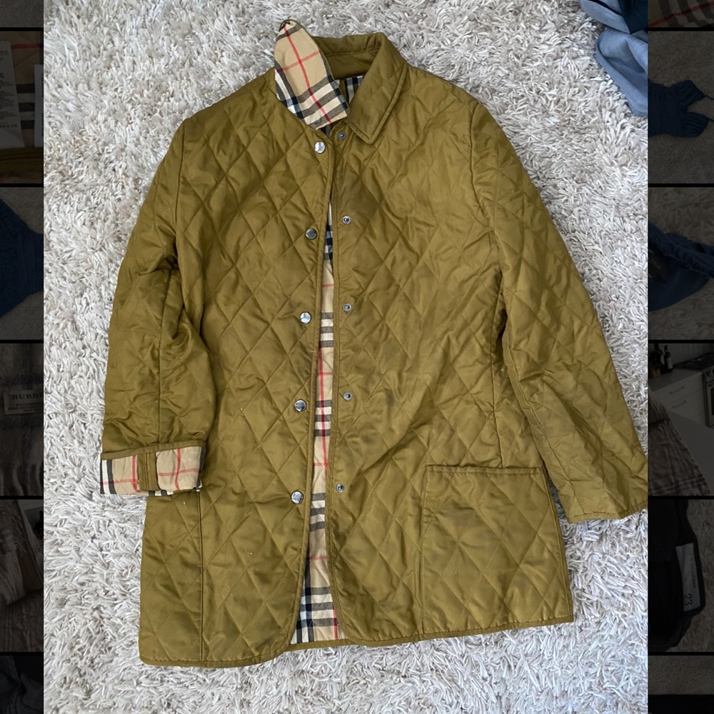 Burberry diamond quilted jacket in olive green with classic vintage check lining